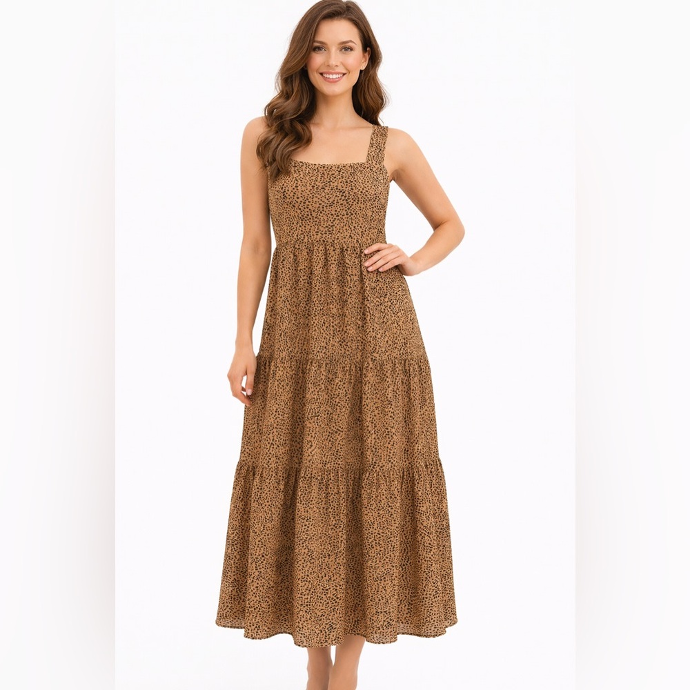 KIT Size Medium Brown Tiered Leopard Print Sleeveless Maxi Dress